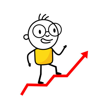 Businessman goes to success isolated on white background. Hand drawn doodle line art man. Concept of financial growth. Dashboard with the analysis of finance. Vector stock illustration.のイラスト素材