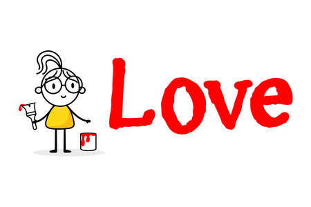 Woman draw red word love isolated on white background. Hand drawn doodle line art female. Concept of love. Vector stock illustration.のイラスト素材