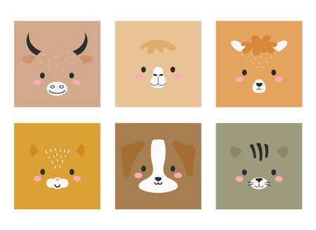 Cute cartoon animal faces set. party decor for kids. Childish print for cards, stickers, invitation, nursery decoration. Vector stock illustration.のイラスト素材