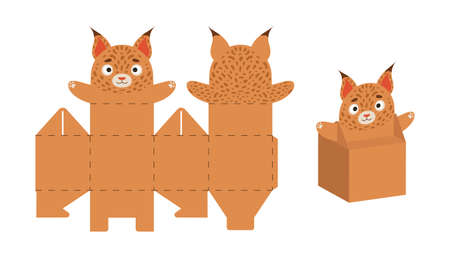 Cute party favor box lynx design for sweets, candies, small gifts. DIY package template for any purposes, birthdays, baby showers, Christmas. Print, cut out, fold, glue. Vector stock illustration.のイラスト素材