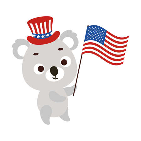 Cute little koala holding flag of United States in patriotic hat. Cartoon animal character for kids t-shirt, decoration, baby shower, greeting card, house interior. Vector stock illustrationのイラスト素材