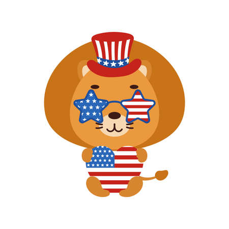 Cute little lion holding heart in USA patriotic hat and glasses. Cartoon animal character for kids t-shirt, decoration, baby shower, greeting card, house interior. Vector stock illustrationのイラスト素材