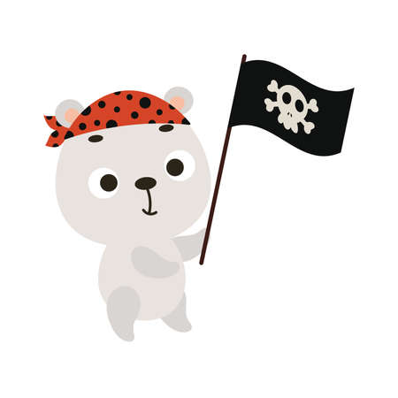 Cute little polar bear with pirate flag. Cartoon animal character for kids t-shirts, nursery decoration, baby shower, greeting card, invitation, house interior. Vector stock illustrationのイラスト素材