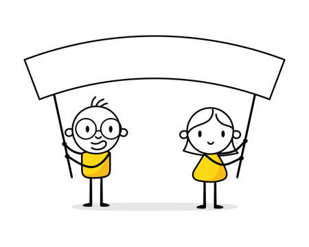 Man and woman hold empty blank banner. Claim concept. Vector stock illustrationのイラスト素材