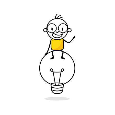 Illustration of a man sitting on top of a big light bulb. Creativity and concept. Hand drawn doodle stickman isolated on white background. Vector stock illustration.のイラスト素材