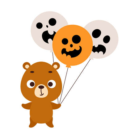 Cute little bear holding Halloween balloons. Cartoon animal character for kids t-shirts, nursery decoration, baby shower, greeting card, invitation. Vector stock illustrationのイラスト素材