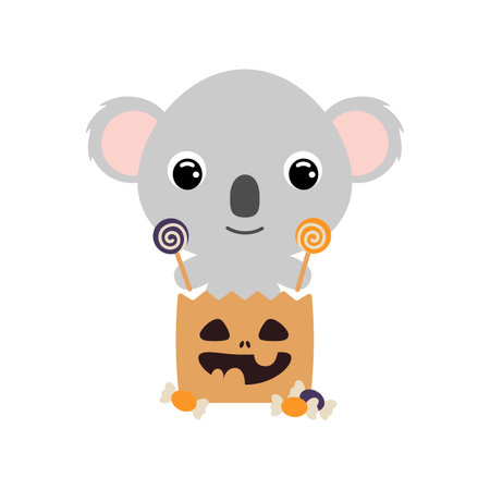Cute Halloween koala sitting in a trick or treat bag with candies. Cartoon animal character for kids t-shirts, nursery decoration, baby shower, greeting card, invitation. Vector stock illustrationのイラスト素材