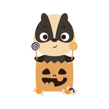 Cute Halloween badger sitting in a trick or treat bag with candies. Cartoon animal character for kids t-shirts, nursery decoration, baby shower, greeting card, invitation. Vector stock illustrationのイラスト素材