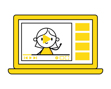 Woman blogger recording media content on laptop screen. Content production for social media. Blogger concept. Vector stock illustration.のイラスト素材