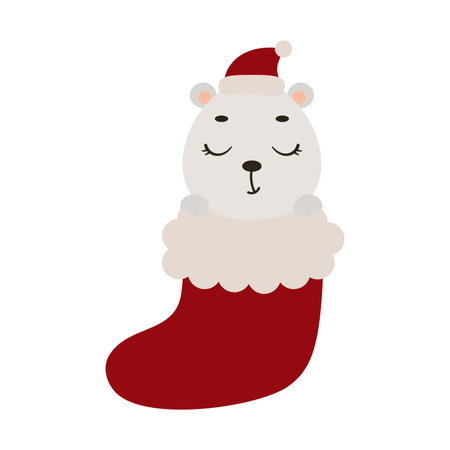 Cute little polar bear in Christmas sock. Cartoon animal character for kids cards, baby shower, invitation, poster, t-shirt composition, house interior. Vector stock illustration.のイラスト素材