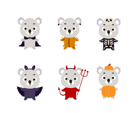 Cute Halloween koala set. Cartoon animal character collection for kids t-shirts, nursery decoration, baby shower, greeting card, invitation. Vector stock illustration.のイラスト素材