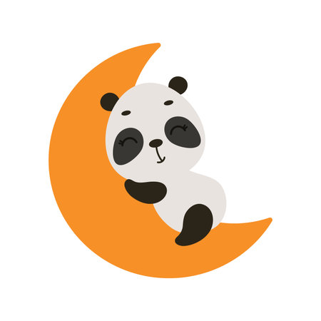 Cute little panda sleeping on the moon. Cartoon animal character for kids t-shirt, nursery decoration, baby shower, greeting cards, invitations, house interior. Vector stock illustration.のイラスト素材