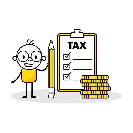 Man holds a pencil and check step by step checklist to progress and finish calculate tax. Hand drawn doodle boy. professional concept. Vector stock illustration isolated on white background.のイラスト素材