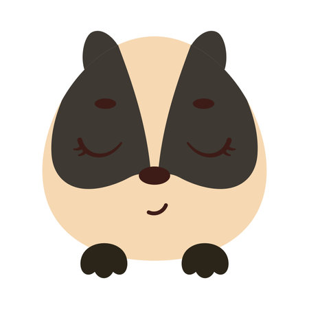 Cute little badger head with closed eyes. Cartoon animal character for kids t-shirts, nursery decoration, baby shower, greeting card, invitation, house interior. Vector stock illustration.のイラスト素材
