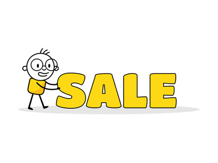 Man pushing a big word sale. Business, marketing and advertising concept. Vector stock illustrationのイラスト素材
