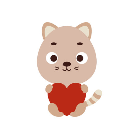 Cute little cat sitting and holding heart on white background. Cartoon animal character for kids t-shirt, nursery decoration, baby shower, greeting card, house interior. Vector stock illustration.のイラスト素材
