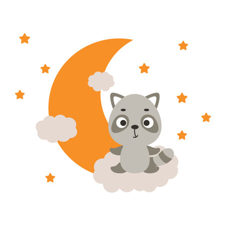 Cute little raccoon sitting on cloud. Cartoon animal character for kids t-shirt, nursery decoration, baby shower, greeting cards, invitations, house interior. Vector stock illustrationのイラスト素材