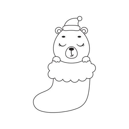 Coloring page cute little bear in Christmas sock. Coloring book for kids. Educational activity for preschool years kids and toddlers with cute animal. Vector stock illustration.のイラスト素材