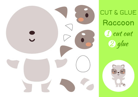 Cut and glue paper little raccoon. Kids craft activity page. Educational game for preschool children. DIY worksheet. Kids art game and activities jigsaw. Vector stock illustration.のイラスト素材