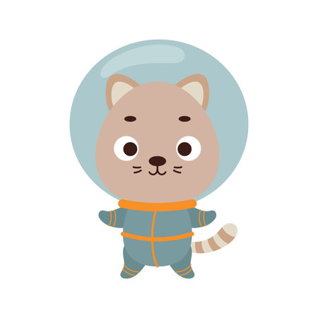 Cute little spaceman cat on white background. Cartoon animal character for kids t-shirts, nursery decoration, baby shower, greeting card, invitation, house interior. Vector stock illustration.のイラスト素材