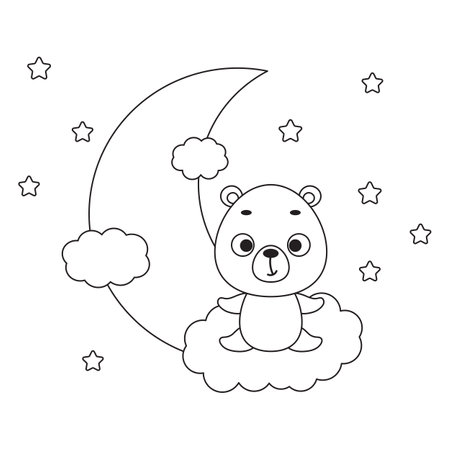 Coloring page cute little bear sitting on cloud. Coloring book for kids. Educational activity for preschool years kids and toddlers with cute animal. Vector stock illustration.のイラスト素材