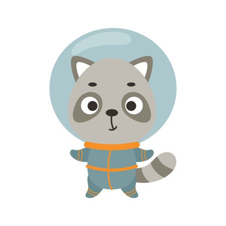 Cute little spaceman raccoon on white background. Cartoon animal character for kids t-shirts, nursery decoration, baby shower, greeting card, invitation, house interior. Vector stock illustration.のイラスト素材