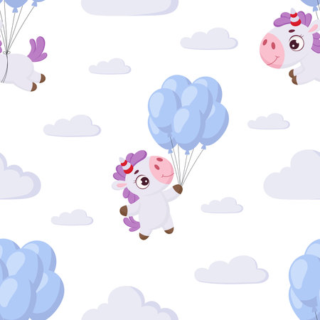 Cute magical unicorn flying on blue balloons seamless childish pattern. Funny magic unicorn cartoon character for fabric, wrapping, textile, wallpaper, apparel. vector illustration.のイラスト素材
