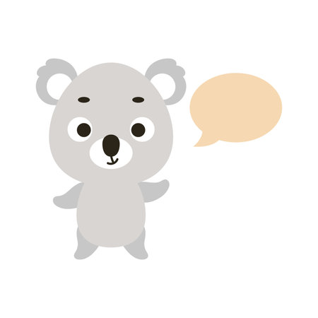 Cute little koala with speech bubble on white background. Cartoon animal character for kids t-shirt, nursery decoration, baby shower, greeting card, house interior. Vector stock illustration.のイラスト素材