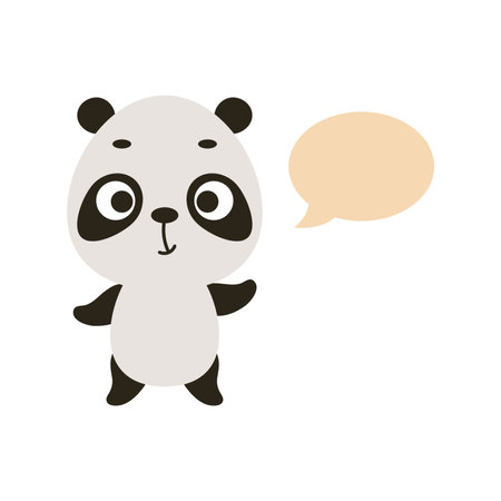Cute little panda with speech bubble on white background. Cartoon animal character for kids t-shirt, nursery decoration, baby shower, greeting card, house interior. Vector stock illustration.のイラスト素材