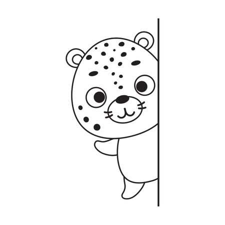 Coloring page cute little cheetah peeking around corner. Coloring book for kids. Educational activity for preschool years kids and toddlers with cute animal. Vector stock illustration.のイラスト素材