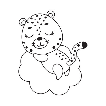 Coloring page cute little cheetah sleeping on cloud. Coloring book for kids. Educational activity for preschool years kids and toddlers with cute animal. Vector stock illustration.のイラスト素材