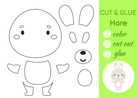 Color, cut and glue paper little hare. Cut and paste craft activity page. Educational game for preschool children. DIY worksheet. Kids logic game, puzzle. Vector stock illustration.のイラスト素材