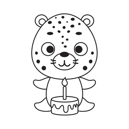 Coloring page cute little cheetah with birthday cake. Coloring book for kids. Educational activity for preschool years kids and toddlers with cute animal. Vector stock illustration.のイラスト素材