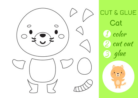 Color, cut and glue paper little cat. Cut and paste craft activity page. Educational game for preschool children. DIY worksheet. Kids logic game, puzzle. Vector stock illustration.のイラスト素材