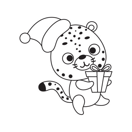Coloring page cute little cheetah carries gift box. Coloring book for kids. Educational activity for preschool years kids and toddlers with cute animal. Vector stock illustration.のイラスト素材