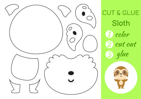 Color, cut and glue paper little sloth. Cut and paste craft activity page. Educational game for preschool children. DIY worksheet. Kids logic game, puzzle. Vector stock illustration.のイラスト素材