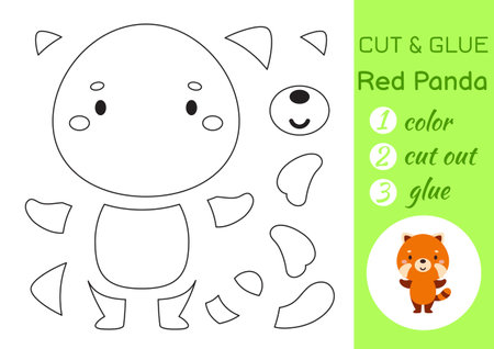 Color, cut and glue paper little red panda. Cut and paste craft activity page. Educational game for preschool children. DIY worksheet. Kids logic game, puzzle. Vector stock illustration.のイラスト素材
