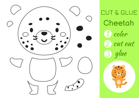 Color, cut and glue paper little cheetah. Cut and paste craft activity page. Educational game for preschool children. DIY worksheet. Kids logic game, puzzle. Vector stock illustration.のイラスト素材