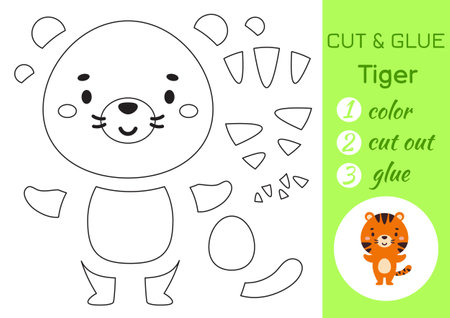 Color, cut and glue paper little tiger. Cut and paste craft activity page. Educational game for preschool children. DIY worksheet. Kids logic game, puzzle. Vector stock illustration.のイラスト素材