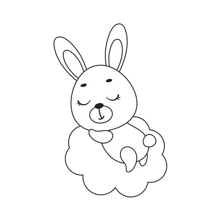 Coloring page cute little hare sleeping on cloud. Coloring book for kids. Educational activity for preschool years kids and toddlers with cute animal. Vector stock illustration.のイラスト素材