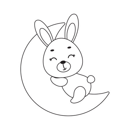 Coloring page cute little hare sleeping on moon. Coloring book for kids. Educational activity for preschool years kids and toddlers with cute animal. Vector stock illustration.のイラスト素材