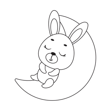 Coloring page cute little hare sleeping on moon. Coloring book for kids. Educational activity for preschool years kids and toddlers with cute animal. Vector stock illustration.のイラスト素材