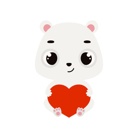 Cute little polar bear holding heart. Cartoon animal character for kids cards, baby shower, invitation, poster, t-shirt composition, house interior. Vector stock illustration.のイラスト素材
