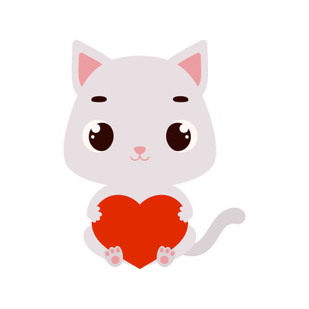 Cute little cat holding heart. Cartoon animal character for kids cards, baby shower, invitation, poster, t-shirt composition, house interior. Vector stock illustration.のイラスト素材