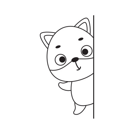 Coloring page cute little fox peeking around corner. Coloring book for kids. Educational activity for preschool years kids and toddlers with cute animal. Vector stock illustration.のイラスト素材