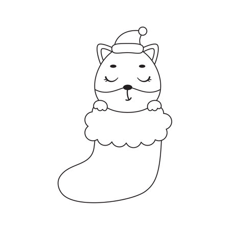 Coloring page cute little fox in Christmas sock. Coloring book for kids. Educational activity for preschool years kids and toddlers with cute animal. Vector stock illustration.のイラスト素材