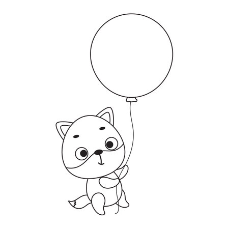 Coloring page cute little fox flies on balloon. Coloring book for kids. Educational activity for preschool years kids and toddlers with cute animal. Vector stock illustration.のイラスト素材