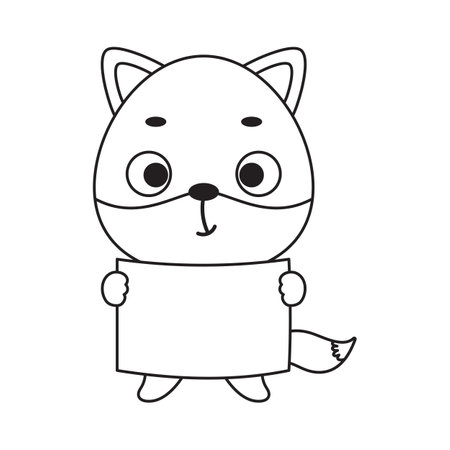 Coloring page cute little fox holds paper sheet. Coloring book for kids. Educational activity for preschool years kids and toddlers with cute animal. Vector stock illustration.のイラスト素材