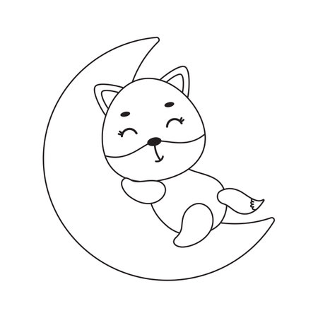 Coloring page cute little fox sleeping on moon. Coloring book for kids. Educational activity for preschool years kids and toddlers with cute animal. Vector stock illustration.のイラスト素材