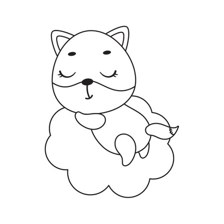 Coloring page cute little fox sleeping on cloud. Coloring book for kids. Educational activity for preschool years kids and toddlers with cute animal. Vector stock illustration.のイラスト素材